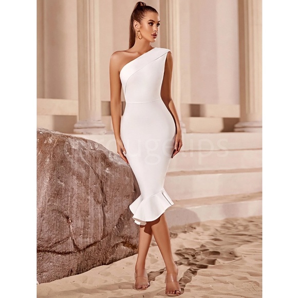 Bandage Asymmetrical Midi Dress White Ruffle Hem One Shoulder - Picture 5 of 16